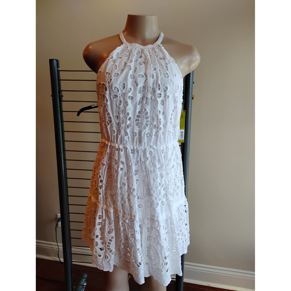 Gianni Bini Ivory White Eyelet Halter Tiered Mini Dress Size 6 NWT